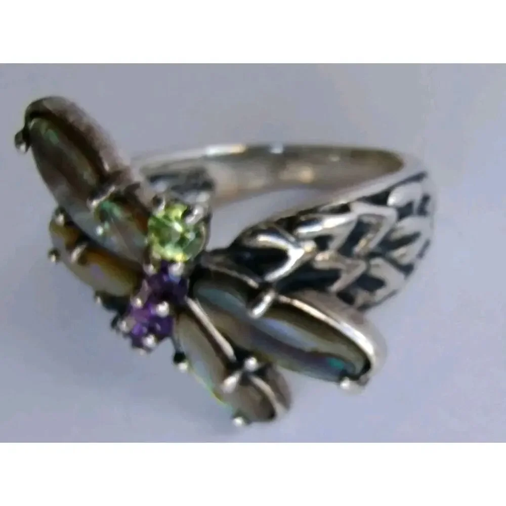 Carolyn Pollack NEW Sterling Silver Abalone Amethyst & Peridot Dragonfly Ring 8